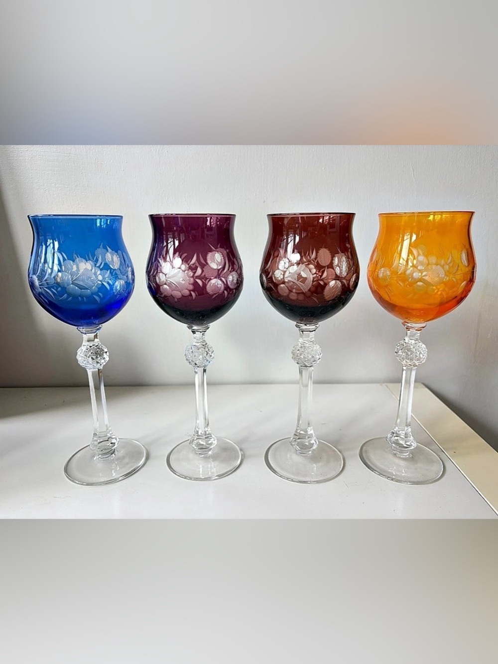 Vintage Bohemian Czech Cut to Clear Crystal Wine Glasses Multi Color Set Of 4